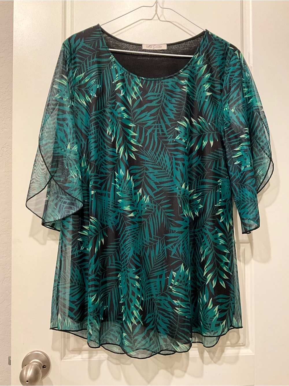 Sheer Teal Palm-Print Tunic Top by Star Code